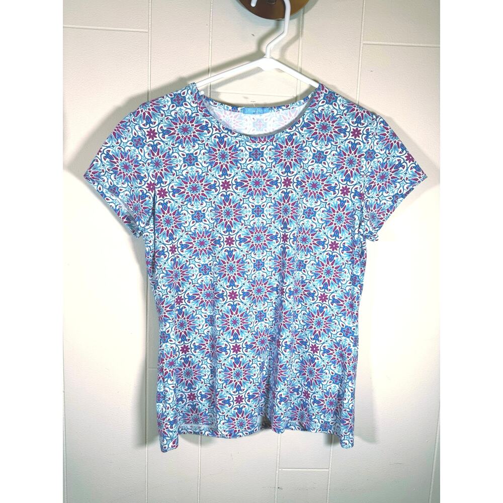 J. McLaughlin Allie Catalina Cloth Top M Teal Magenta Geometric Tile Cap Sleeve